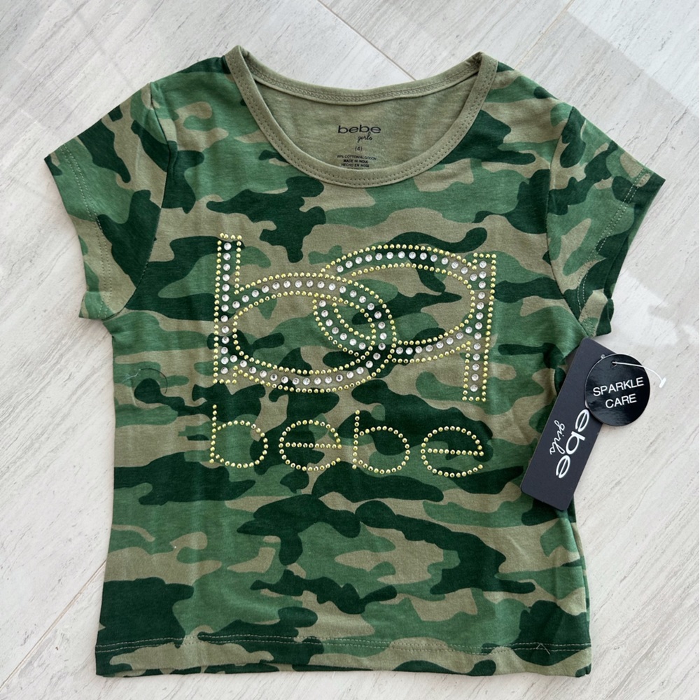 BEBE GIRLS  green camo shirt sleeve girls shirt. Size 4 rhinestone Bebe design
